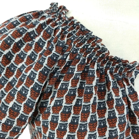 JOIE Masha Blouse Silk Owl Print Short Sleeve Keyhole Tassel Peasant Boho Top - Picture 4 of 8